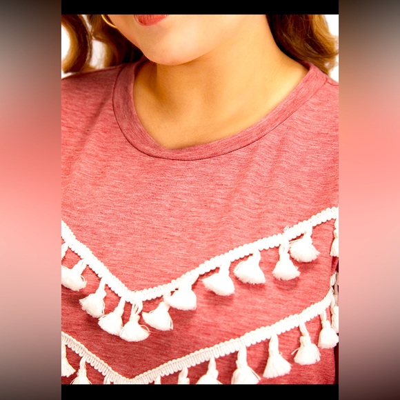 NWT BloomChic “ELLE” crew neck tassel Heather trim dusty rose sweatshirt Sz 1x - Picture 5 of 9
